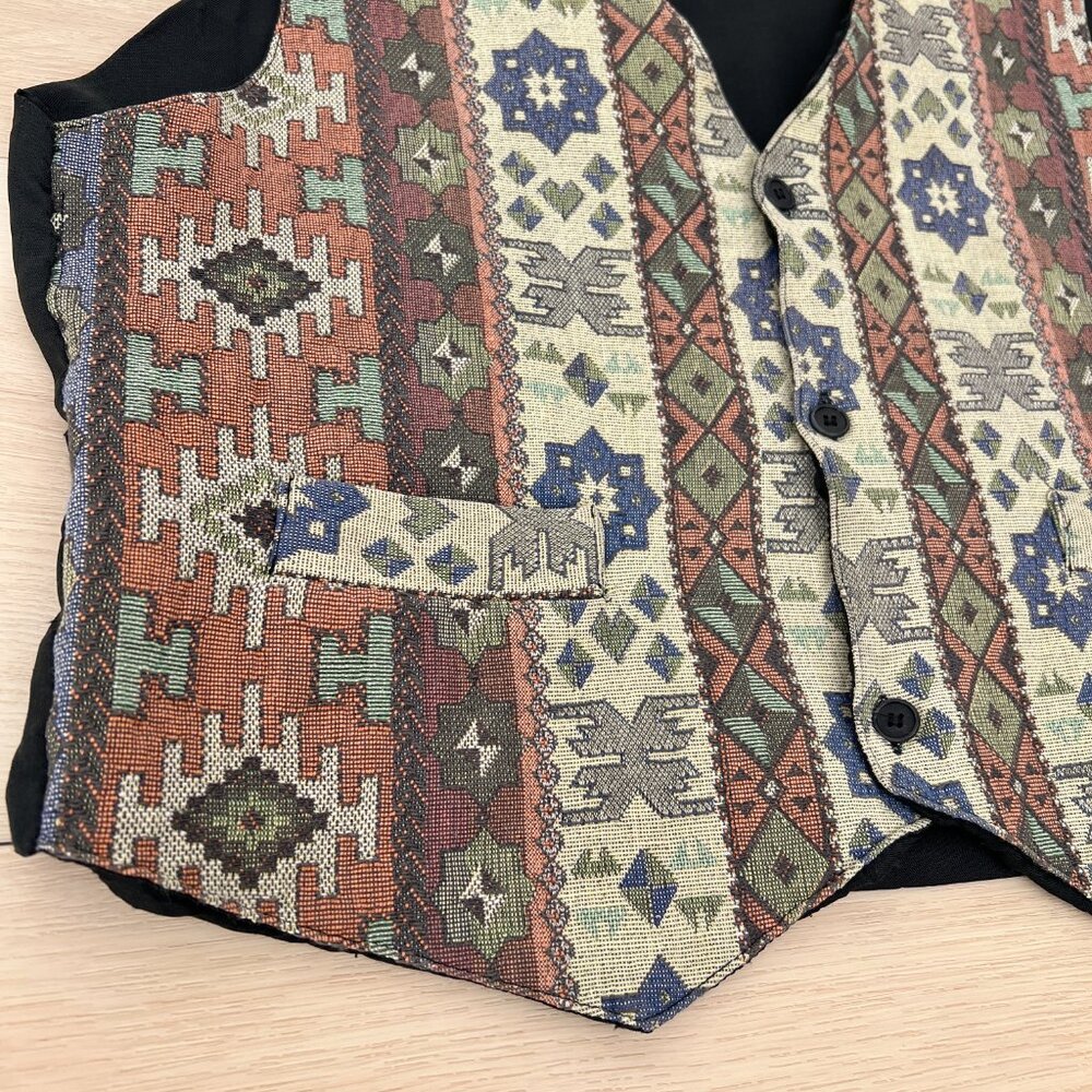 Vintage 90s Tapestry Waistcoat Vest Aztec Southwestern Tribal Pattern Men's XL - Picture 14 of 16